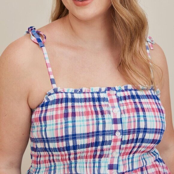 Torrid Peplum Plaid Top Smocked Bodice Cami Crinkle Gauze Size 3 Summer Pink NWT - Picture 5 of 8